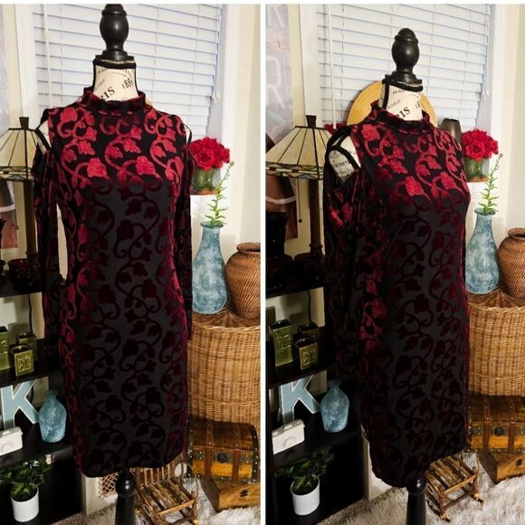 Design Lab Sexy Cold Shoulder Burgandy Burnout Velvet Bodycon Dress. M Fit - Picture 2 of 16